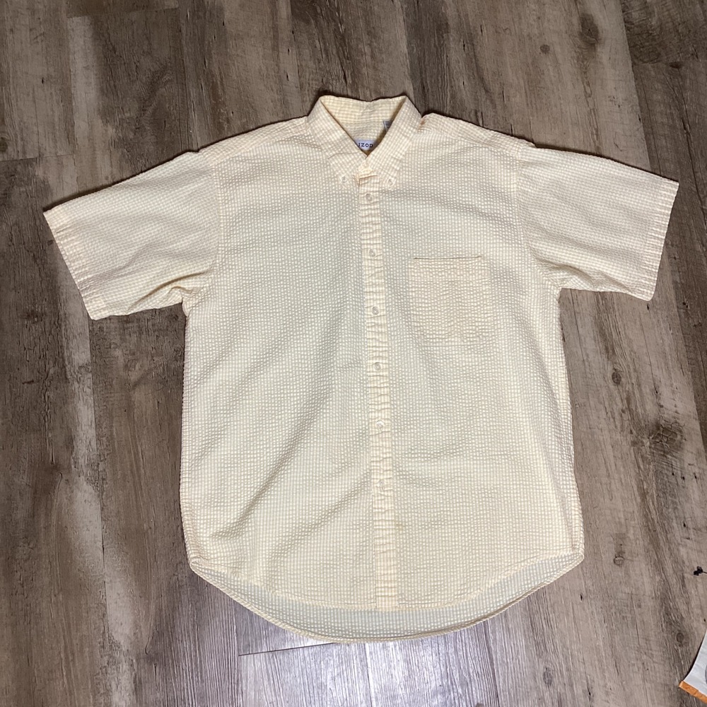 IZOD Seersucker Shirt Mens Large Yellow Gingham Short Sleeve Preppy Coastal